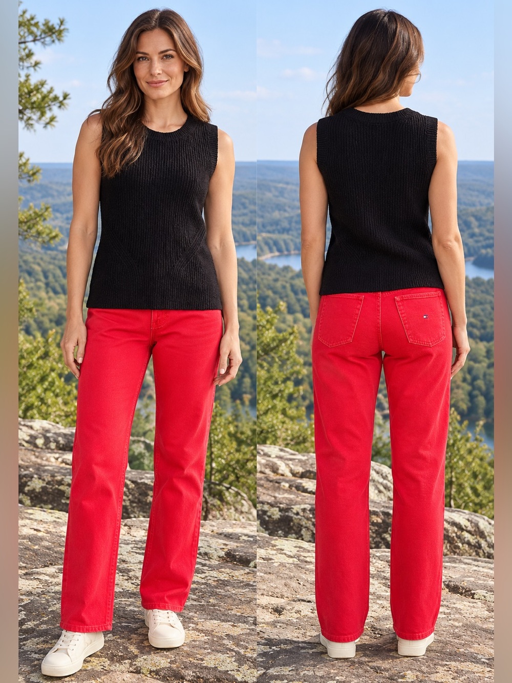 Tommy Hilfiger Red Denim Jeans Size 8 & Liz Claiborne Black Knit Top M NWT